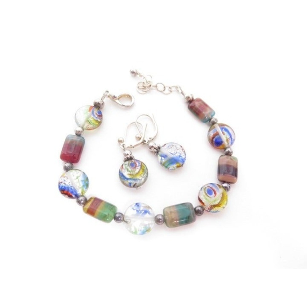 Murano Art Glass Beaded artisan crafted handmade‎ bracelet matching earrings